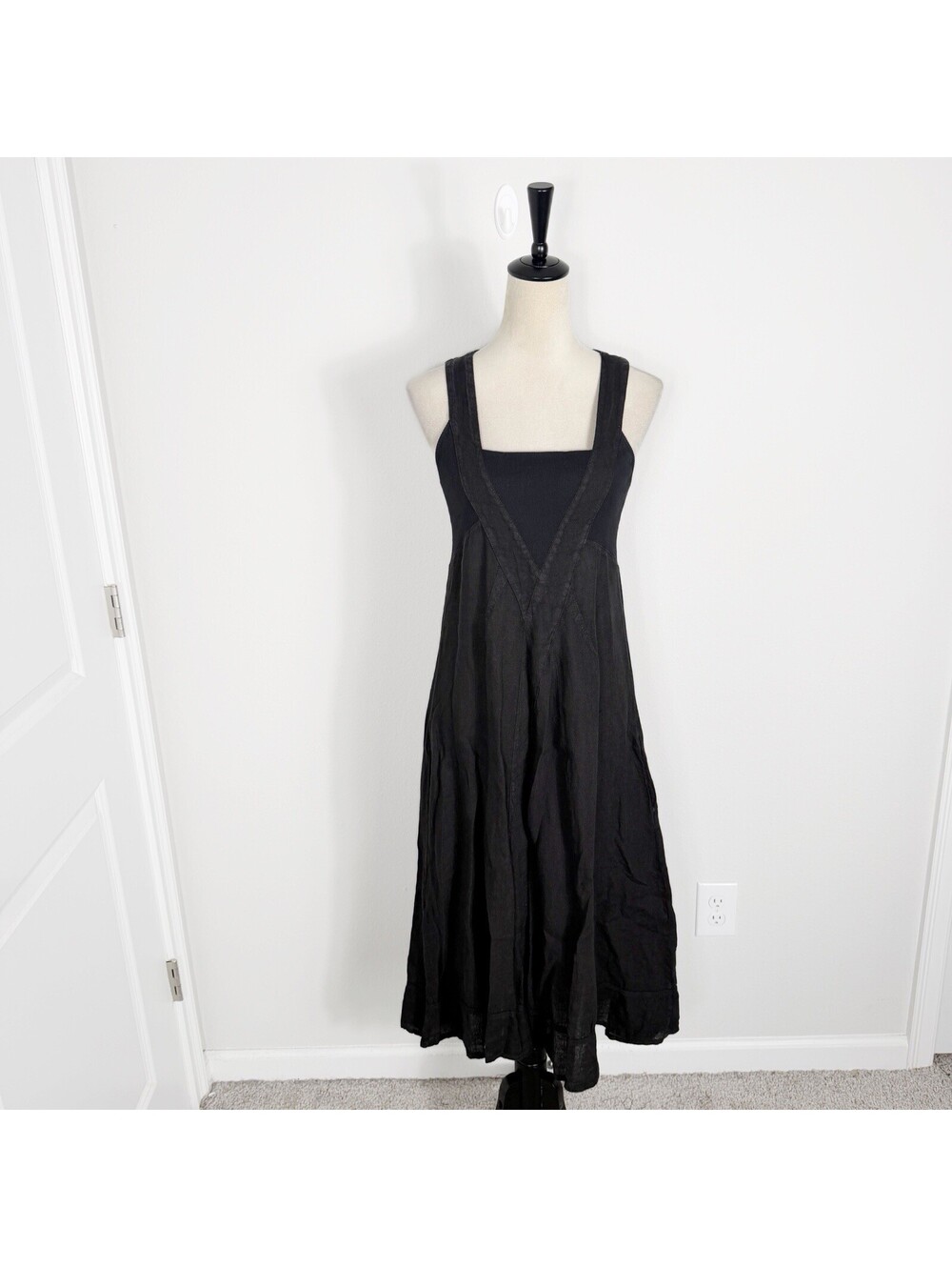 Inizio Linen Midi Flare Dress Sleeveless Black Lagenlook Made in Italy Small